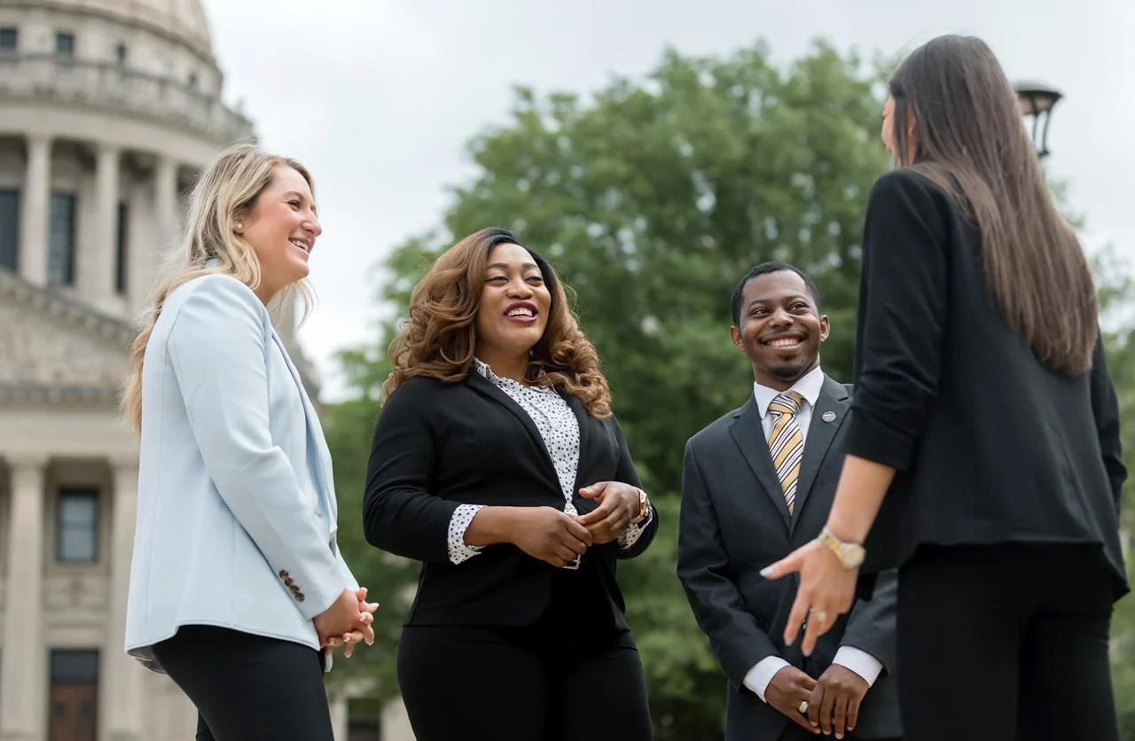 Legal-development collaborators gathered for professional exchange outside a state capitol